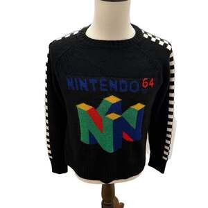 Nintendo 64 N64 Knitted Retro Sweater with Checkered Sleeves Size Medium